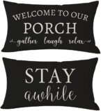 PANDICORN Welcome to Our Porch Stay Awhile Farmhouse Black and White Outdoor Lumbar Decorative Throw Pillow Covers 12×20 Inch Set of 2 Cozy Relax Porch Patio Decorations for Home Couch Bench Decor