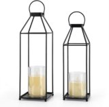Lanterns Decorative Outdoor 2PCS Front Porch Decor Lantern with LED Candles | Black Metal Decor lantern for Home Decor Patio Fireplace Mantle or Table Centerpiece Halloween Christmas Lantern Decor