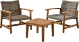 Christopher Knight Home Hampton Outdoor 3 Piece Wood and Wicker Club Chairs and Side Table Set, Gray
