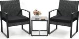 Murago Outdoor 3-Piece Wicker Bistro Set, Patio Conversation Set | 2 chairs with Coffee Table, for Balcony, Porch, Garden, Yard, Poolside, Black Frame & Black Cushion