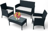 EconoHome 4-Piece Outdoor Patio Furniture Set – Patio Set with 2 Rattan Chairs, 1 Loveseat & 1 Glass -Top Coffee Table – Weather-Proof Wicker with Cushions – Conversation Set for Porch, Balcony, Lawn