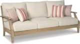 Signature Design by Ashley Clare View Outdoor Patio Sofa, 4 Throw Pillows, Nuvella Weather Resistant Fabric, Eucalyptus Wood, 81″ W x 35″ D x 32″ H, Beige