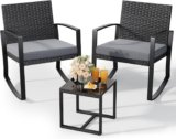 Qsun 3 Pieces Patio Furniture Set Rocking Bistro Set Outdoor Rattan Conversation with Coffee Table for Garden Balcony Backyard Poolside (Grey Cushion)