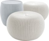 Keter Urban Knit Pouf Ottoman Set of 2 with Storage Table for Patio and Room Décor – Perfect for Balcony, Deck, and Outdoor Seating, Grey & White