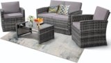 KROFEM 4 Piece Patio Furniture Set, Outdoor Wicker Conversation Set