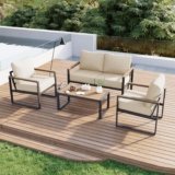 Aoxun Patio Furniture Set, 4 Piece Outdoor Patio Furniture with Thick Cushions, Modern Metal Outdoor Conversation Sets with Coffee Table for Porch, Balcony, Deck Beige