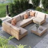 Grand patio 7-Piece Wicker Patio Furniture Set, Boho Outdoor Conversation Set Sectional Sofa with Water Resistant Thick Cushions and Coffee Table, Cream