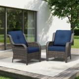 Patio Chairs Set of 2, Outdoor Wicker Patio Furniture Set with Thickened Olefin Cushions, High Back and Deep Seating, Wide Curved Armrest Hand-Woven PE Rattan for Porch, Deck, Blue