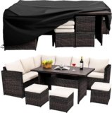 Wumiokio Patio Furniture Set, 7 Pieces Outdoor Patio Furniture with Dining Table&Chair, All Weather Wicker Conversation Set with Ottoman,Brown Rattan & Ivory Cushions (Include Sofa Dust Cover)