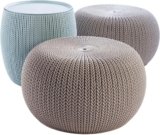 Keter Urban Knit Pouf Ottoman Set of 2 with Storage Table for Patio and Room Décor – Perfect for Balcony, Deck, and Outdoor Seating, Misty Blue & Taupe