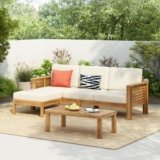 Christopher Knight Home Havets 3 Pieces Outdoor Acacia Furniture Set, Slat Panel Couch, Spacious Seating Armchair, 6″ Thick Cushions Sofa and Coffee Table Set for Backyard Garden Balcony, Teak+Beige