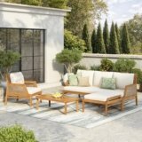 Christopher Knight Home Zura 4 Piece Patio Furniture Set with Removable Cushion, Outdoor Acacia Wood Conversation Set with Ottoman, Outdoor Sectional Sofa Set with Coffee Table, Teak+Cream