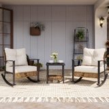 LAUSAINT HOME 3-Piece Rocking Bistro Set, Outdoor Patio Furniture with Thick Cushions and 2-Tier Coffee Table, Oversize Rattan Conversation Set for Garden, Balcony, Backyard (Beige)