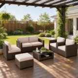 LOUVIXA 7 Piece Outdoor Patio Furniture Set, Rattan Chairs Glass Table Wicker Conversation Seating Sectional Sofa with Cushions (Brown-Beige, 7Pcs-2 Layer Coffee Table)