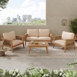 Christopher Knight Home Lorna 4-Seater Patio Furniture Set with Removable Cushion, 4 Piece Outdoor Acacia Wood Conversation Set, Sold Wood Outdoor Sectional Sofa Set with Coffee Table, Teak+Beige