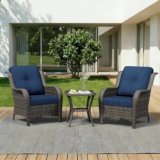3 Pieces Outdoor Wicker Patio Furniture Set – Patio Chairs Set with Thickened Olefin Cushions, High Back and Deep Seating, Curved Armrest, PE Rattan for Porch, Deck, Balcony,Blue