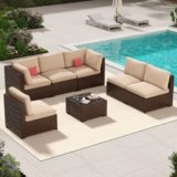7 Piece Outside Sectional Furniture Set, All Weather Wicker Patio Conversation Sets, Outdoor Sectional Balcony Furniture with Beige Cushion & Glass Coffee Table