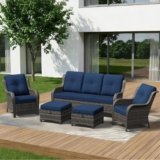 5 Piece Outdoor Wicker Patio Furniture Set, Patio Chairs Set with Thickened Olefin Cushions, High Back and Deep Seating, Hand-Woven PE Rattan, Ottoman for Porch, Deck