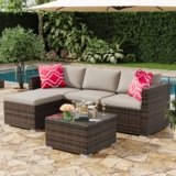5-Piece Outdoor Sectional Sofa Set, All-Weather PE Rattan Patio Furniture with Ottoman & Tempered Glass Table, Convertible Garden Couch for Backyard, Porch, Poolside (Brown/Light Gray)