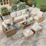 HERA’S HOUSE 6-Piece Wicker Patio Conversation Set, Beige, 7 Seats