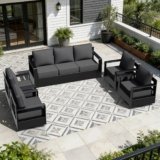 Outdoor Aluminum Furniture Set, 5-Piece Patio Conversation Set, 4 Swivel Chairs and 1 Sofa, All-Weather Metal Frame, 6″ Thick Removable Cushions, Deep Setting for Garden, Poolside and Porch