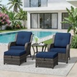 5 Piece Outdoor Wicker Patio Furniture Set, Patio Chairs Set with Thickened Olefin Cushions, High Back and Deep Seating, Hand-Woven PE Rattan, Ottoman for Porch, Deck