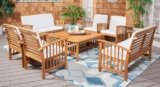 SAFAVIEH Outdoor – Rocklin 8 Piece Outdoor Living Set – Natural & Beige Acacia Wood – Transitional Design with Removable Cushions – Ideal for Patio, Deck, Porch, Backyard (PAT9507A-KIT2)