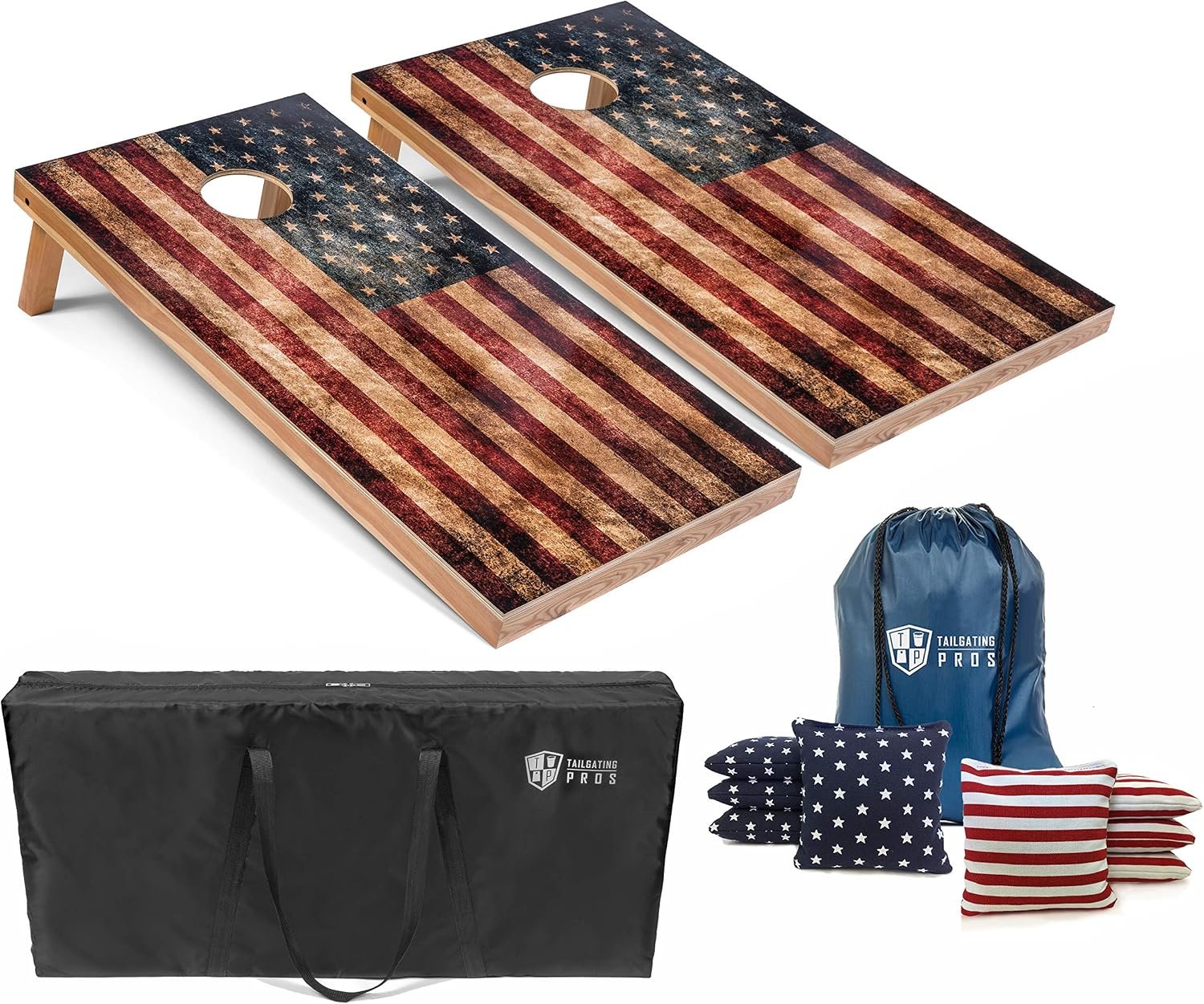 Tailgating Pros Rustic American Flag Cornhole Boards w/Bean Bags – 4’x2′ Distressed Flag Cornhole Game w/Carrying Case & Corn Hole Bags