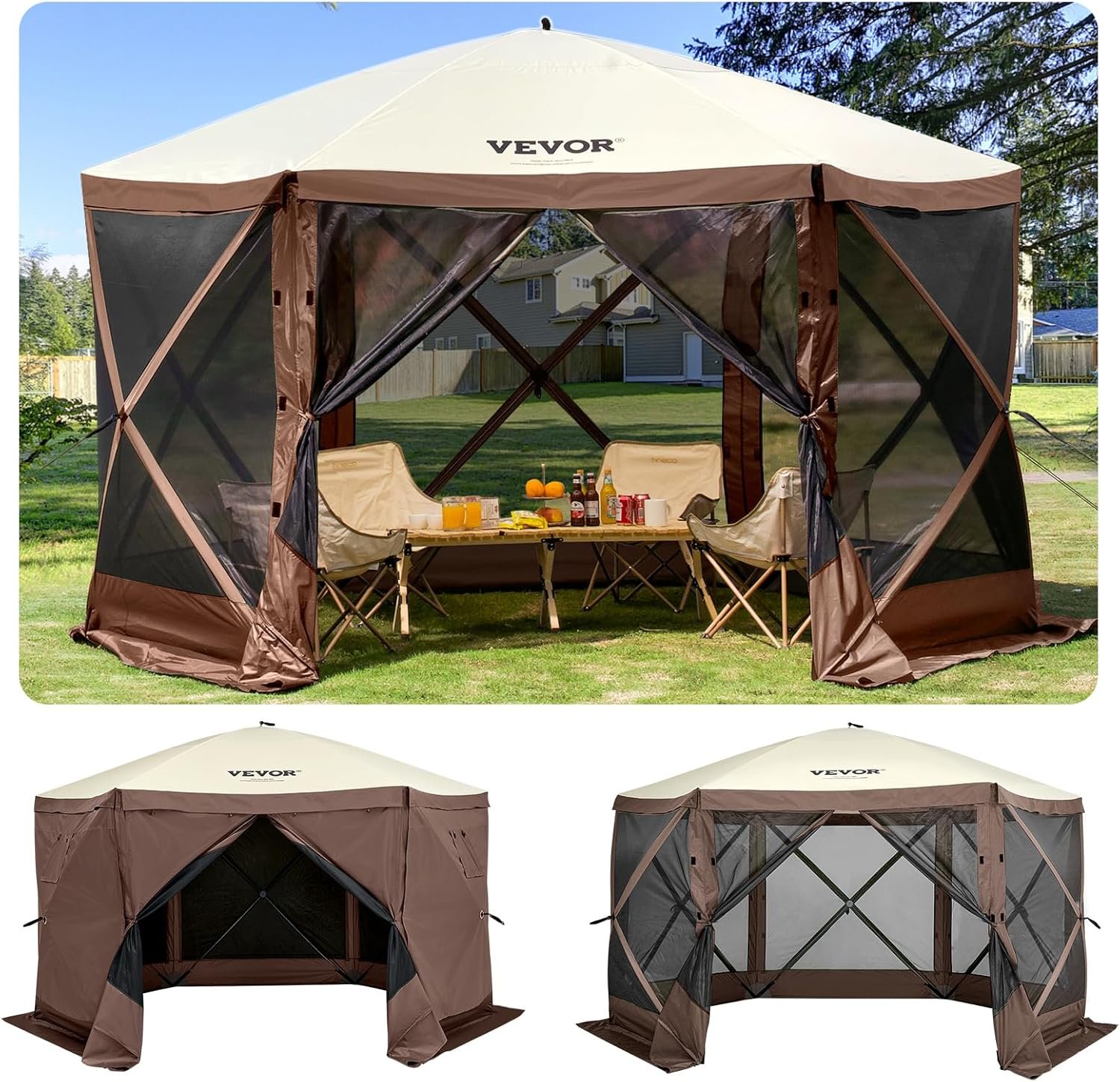 VEVOR Camping Gazebo Screen Tent, 12x12ft, Brown/Beige | 6 Sided Pop-up Canopy, Mesh Windows, Portable Carry Bag & Stakes, Large Shade for Outdoor Camping