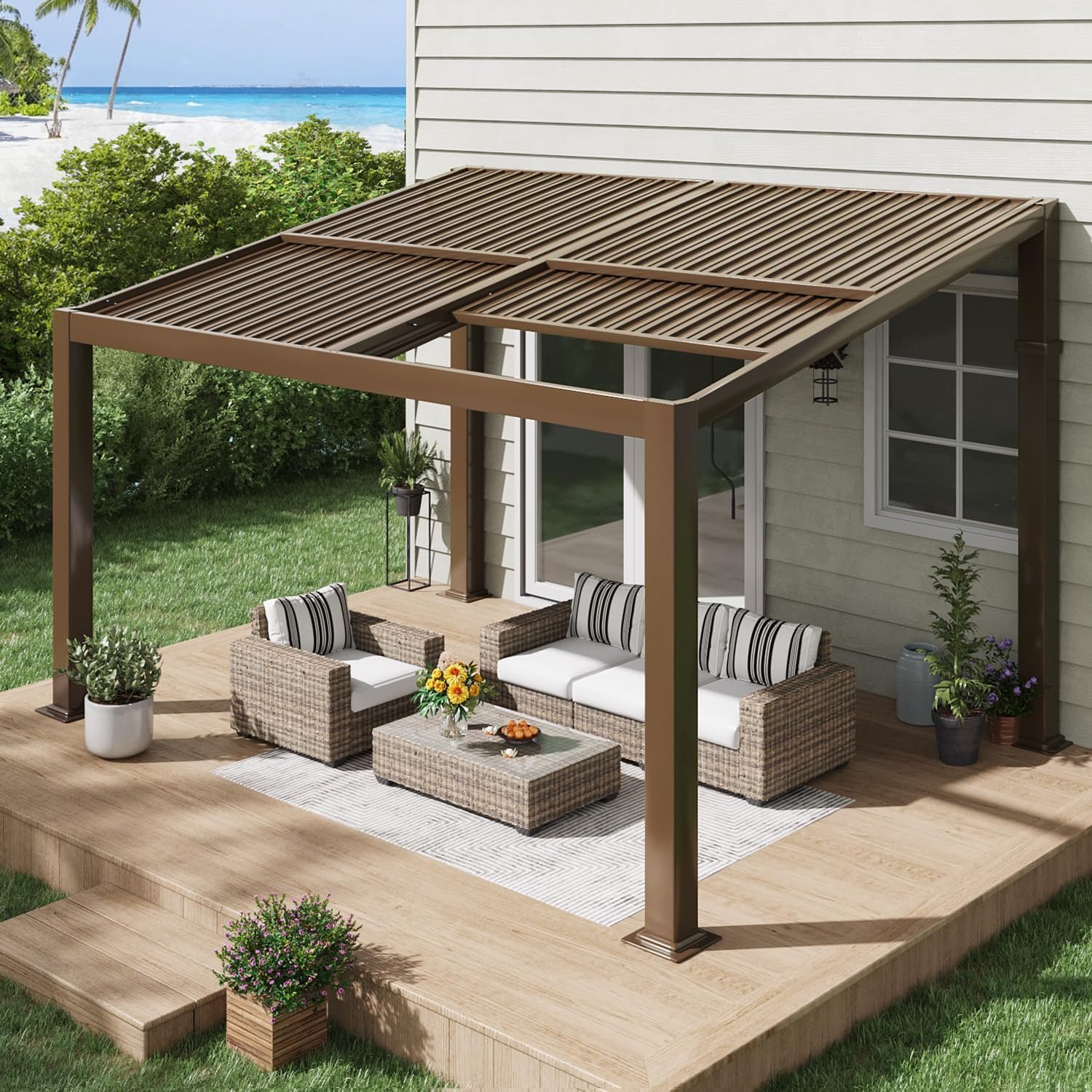 MELLCOM 10’x13‘ Outdoor Pergola | Adjustable Galvanized Steel Roofs, All Aluminum Frame,Freestanding, Wall Mounted,Lean to,Dark Brown,for Patio,Backyard,Deck