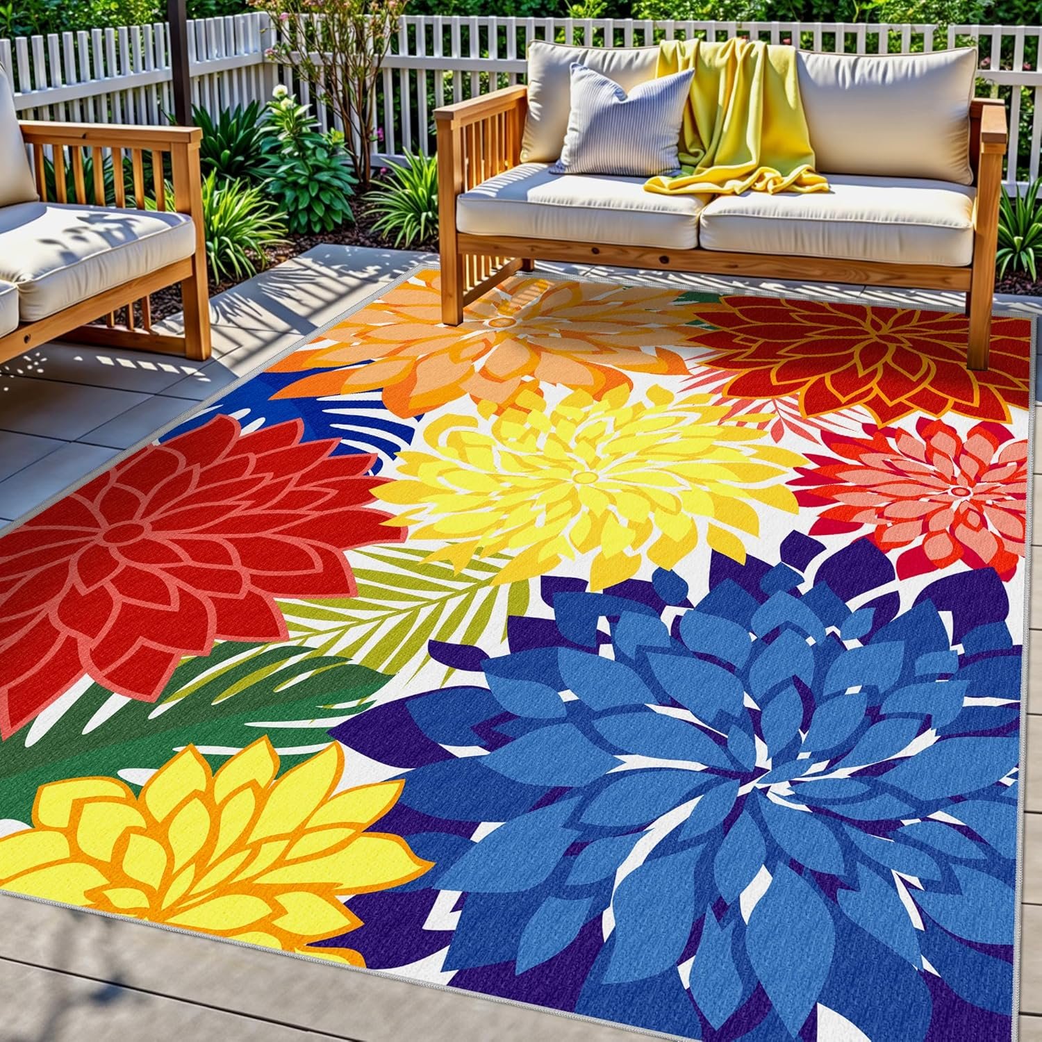 Colorful 5×8 Outdoor Area Rug Washable Multicolored Patio Rug Tropical Botanical Floral Chenille Waterproof Outdoor Carpet for Living Room, Deck, Backyard, Porch, Rainbow