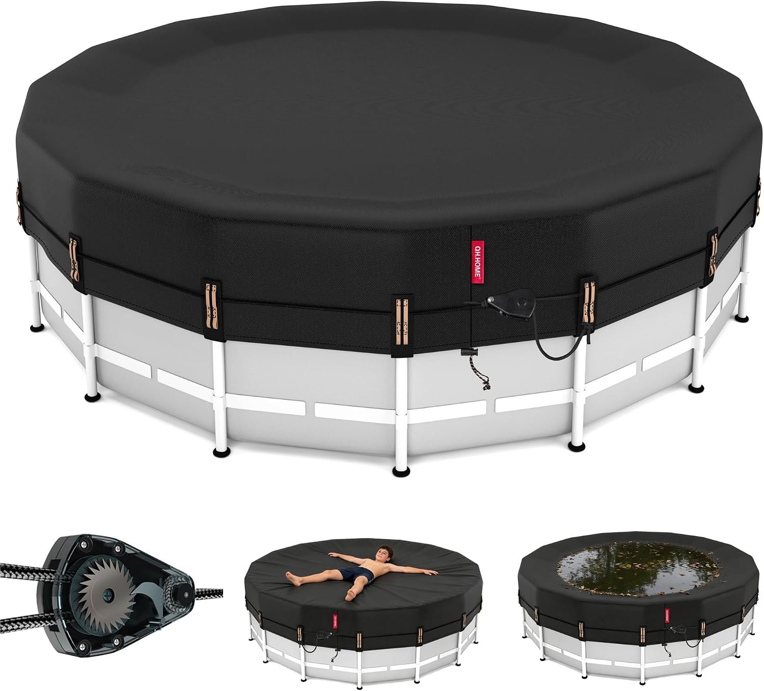 QH.HOME 14ft Round Pool Cover,[Ultimate Windproof & Tear-Resistant Fabric],Snug Fit with Patented Ratchet & Weight Rings,Solar Pool Cover for Above Ground Pools, Blocks Leaves &Waterproof