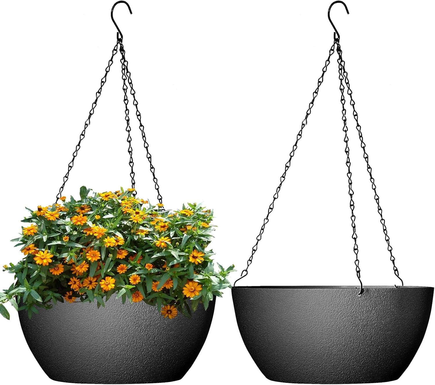 WSMKSZ 13 inch Large Hanging Planters Plant Pots for Outdoor Indoor Plants with Drainage Holes and Chain, 2 Pack Round Hanging Flower Pots for Garden Home Porch Decor, Black