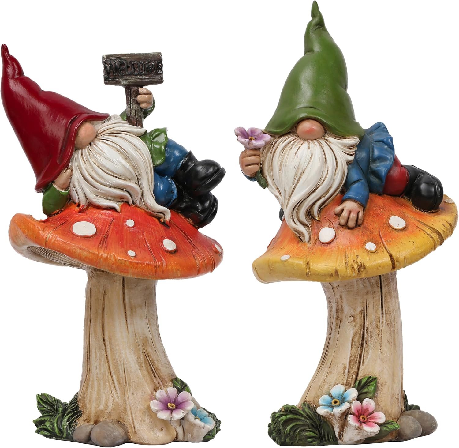 TERESA’S COLLECTIONS Resin Statues for Yard, Set of 2 Cute Garden Gnomes on Mushroom Statues for Outdoor Patio Porch Lawn, Ideal Gift for Dad Mom Birthday, Outside Decor Housewarming Gifts, 7″