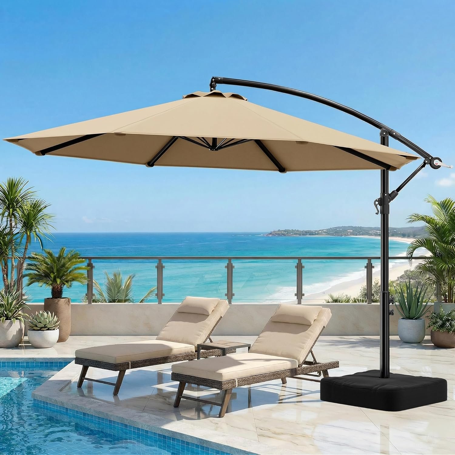 OLILAWN 10FT Cantilever Offset Patio Umbrella with Base Included, Outdoor Patio Umbrella, Fade-Resistant Yarn-Dyed Canopy with PU Coating, 360° Rotation & Infinite Tilt, Heavy Duty 8-Rib Steel Frame for Patio, Pool, Deck, Backyard, Beige