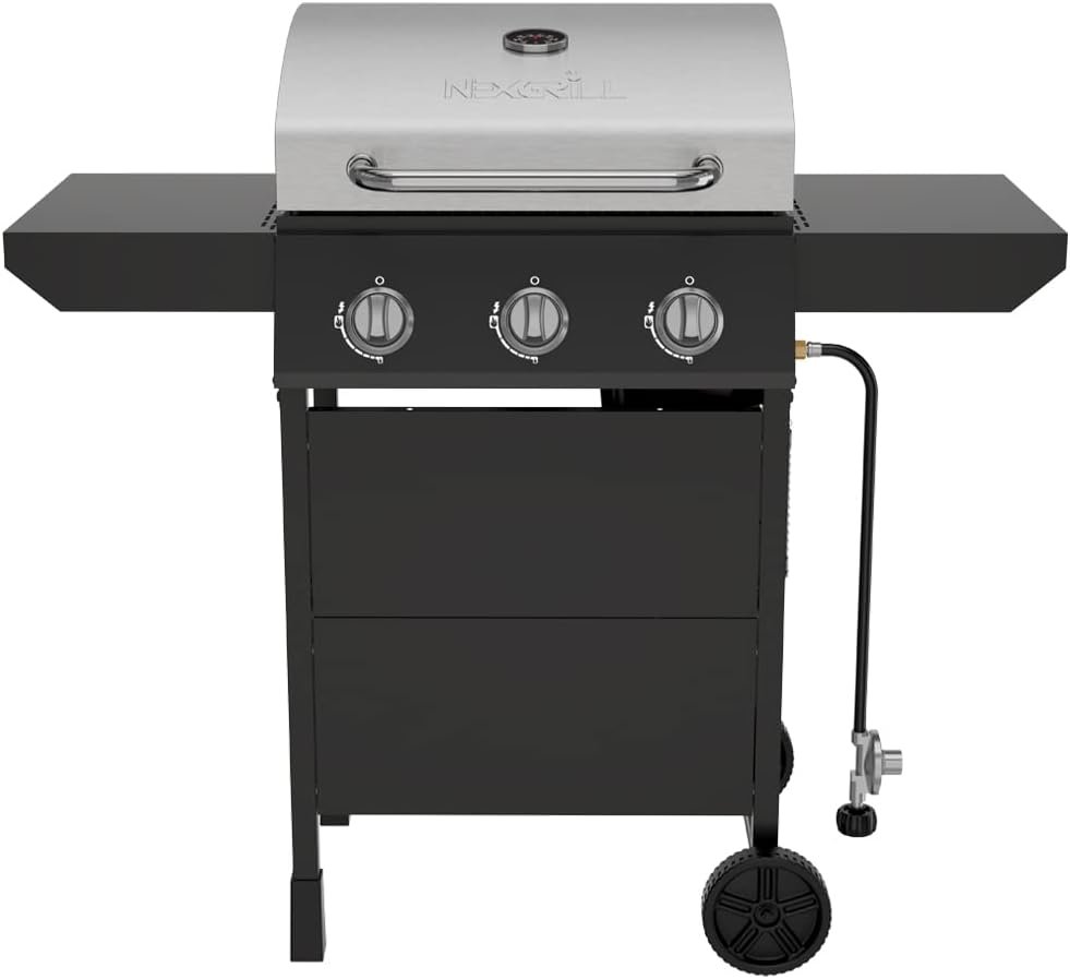 Nexgrill Propane 3 Burner Gas Grill, Side Tables with Stainless Steel Lid | Offers 27000 BTU, Built-In Thermometer, 429 Sq In Cooking Space, Porcelain-coated Steel Grate and Firebox, Warming Rack