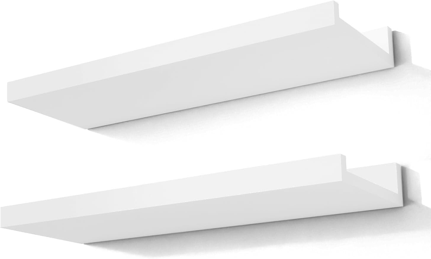 White Floating Shelves for Wall Decor, 14 in Shelf with Lip Set of 2 | 4.5″ Deep Display Picture Ledge Shelf, Wall Mounted Wood Storage Shelves for Bedroom, Bathroom, Living Room, Kitchen Nursery
