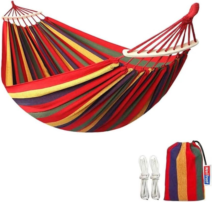 Cotton Canvas Hammock with Tree Straps – Portable Hammock for Outdoor Indoor Patio Backyard, Camping Hammock with Carry Bag, 440lbs Capacity, Without Stand(Red, with bar)