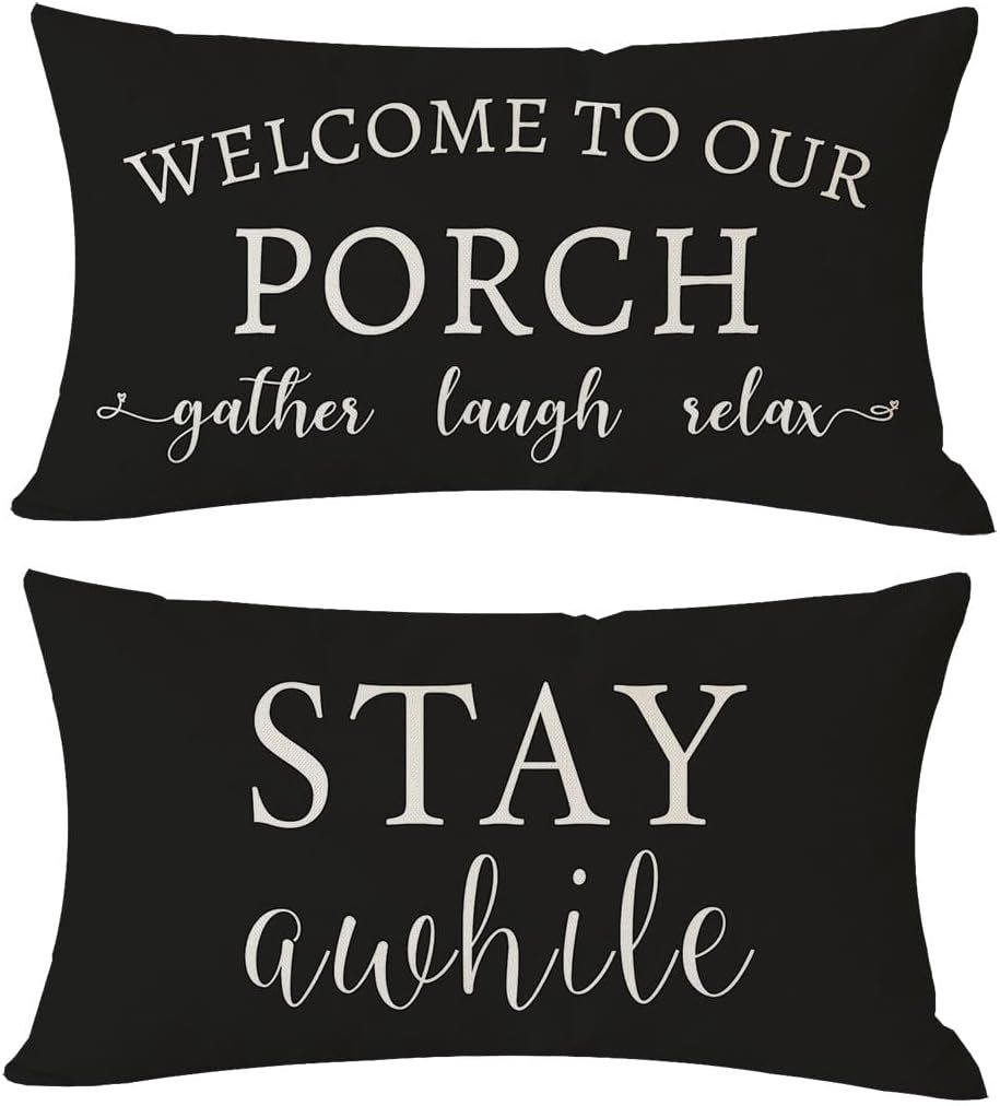 PANDICORN Welcome to Our Porch Stay Awhile Farmhouse Black and White Outdoor Lumbar Decorative Throw Pillow Covers 12×20 Inch Set of 2 Cozy Relax Porch Patio Decorations for Home Couch Bench Decor