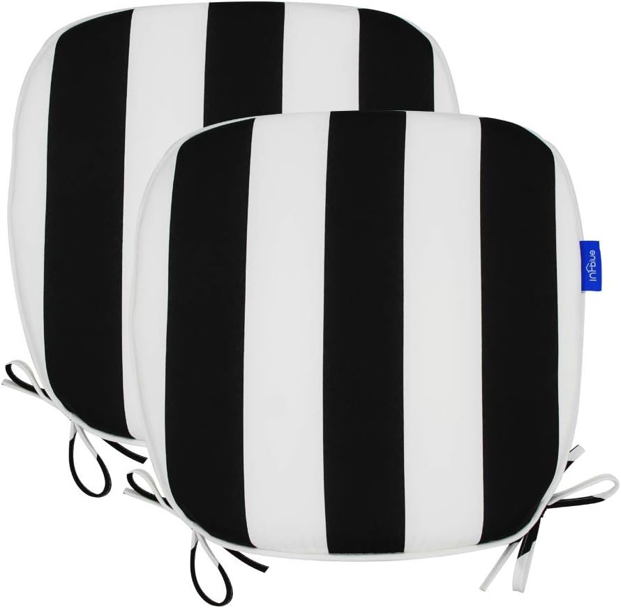 SleepMan Outdoor 17″x16″ Chair Cushions with Ties Set of 2, Water Resistant All Weather U-Shape Seat Pads for Patio Garden Furniture Indoor Fade Resistant Patio Cushions (Black Stripe)