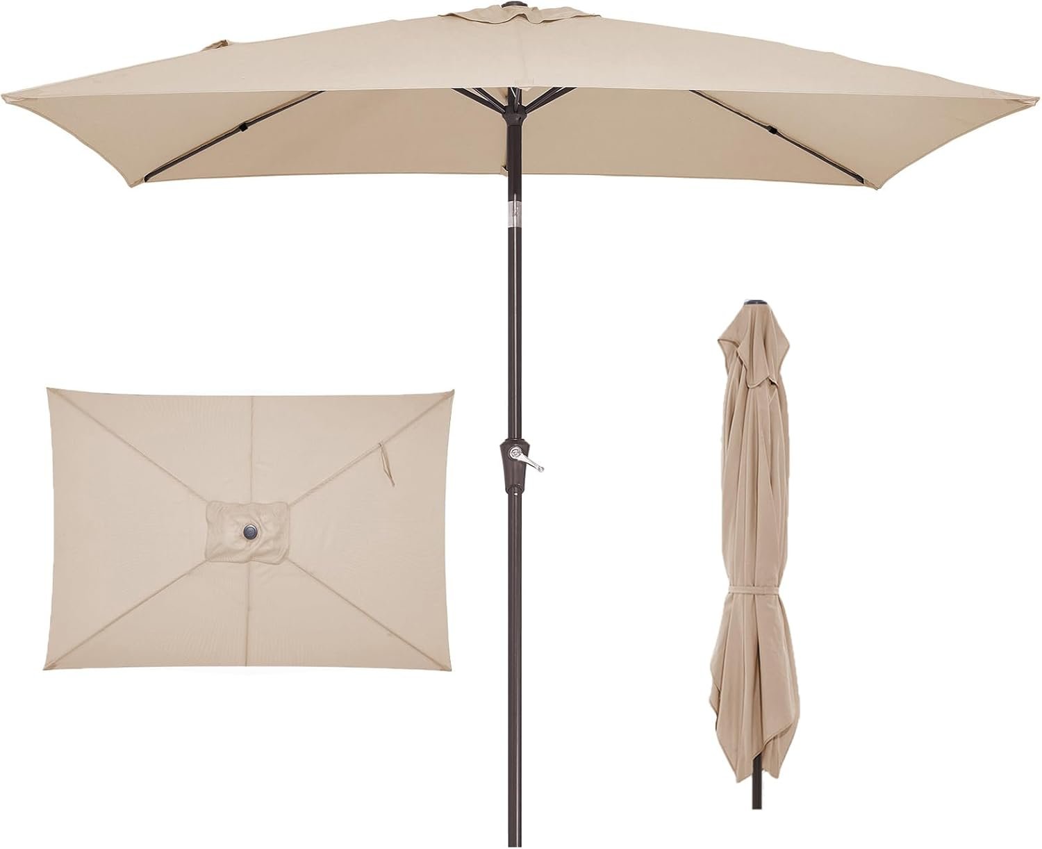 JEAREY 6.5×10 ft Rectangular Patio Umbrellas Rectangle Outdoor Umbrella with Push Button Tilt and Crank, Market Table Umbrella 6 Sturdy Ribs UV Protection for Poolside Garden Backyard Deck, Beige