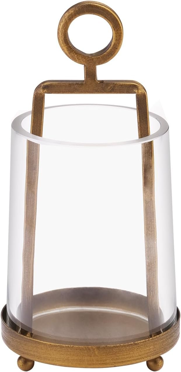 3.3″ Wide Modern Farmhouse Metal Hurricane Candle Holder with Handmade Sturdy Glass Sleeve in Antique Brass for Pillar Candle & Plants, Glass Hurricane Lantern, Industrial, Minimalistic