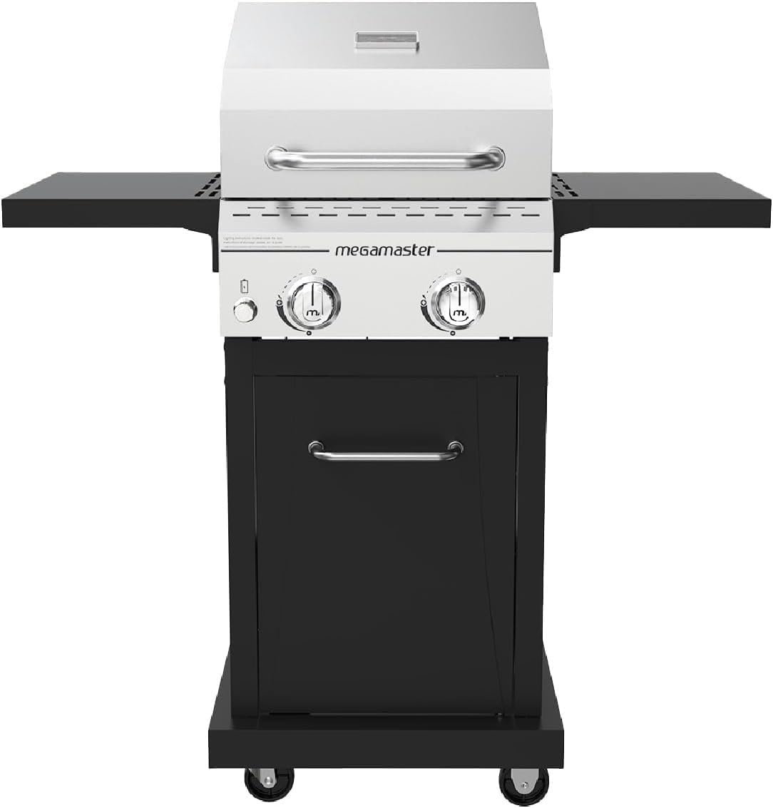 Megamaster Deluxe 2 Burner Gas Grill, Foldable Shelves with Warming Rack | Offers 28000 BTU, Built-In Thermometer, Electronic Ignition, 418 Sq In Cooking Space, Stainless Steel Lid, Cast Iron Grates