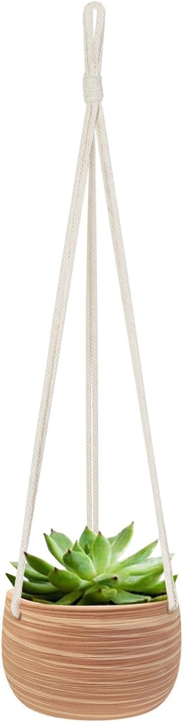 Mkono Ceramic Hanging Planter Macrame Plant Holder 5 Inch Cute Succulent Cactus Pot with Cotton Rope Hanger for Indoor Outdoor Decor, 1 Pack