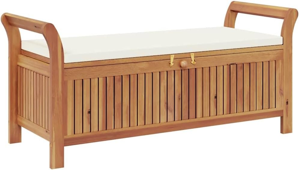 vidaXL Outdoor Storage Bench, Storage Box with Cushion, Patio Deck Box with Seat for Garden Balcony Porch Pool Yard, Modern Style, Solid Wood Acacia