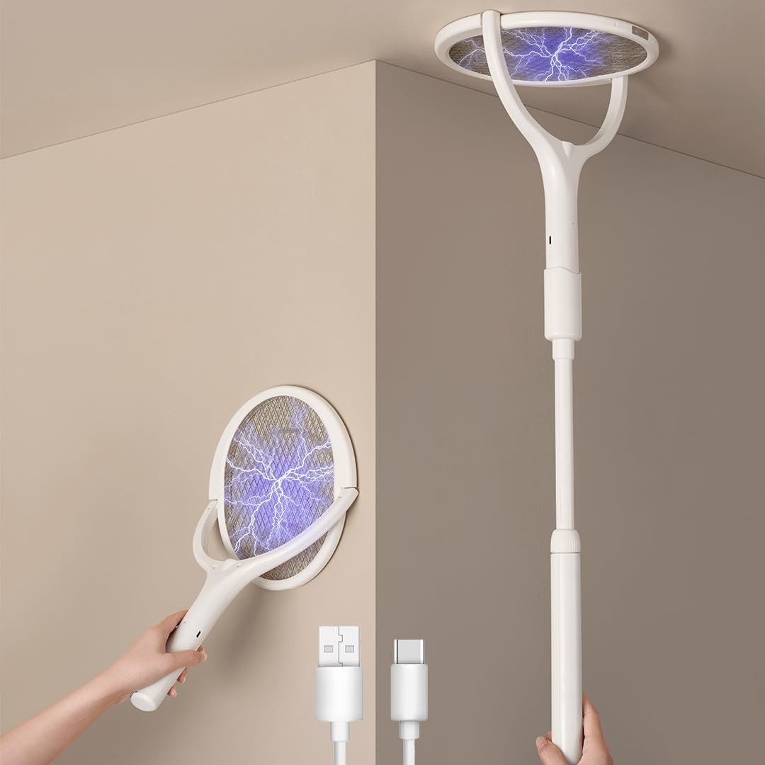 GeckoMan Electric Fly Swatter Racket Bug Zapper Racket Fly Swatter Electric | Telescopic Extension, Rotating Head, Rechargeable, Usb-C Charging, Fly Swatter For Indoors, Mosquito, Flies Killer