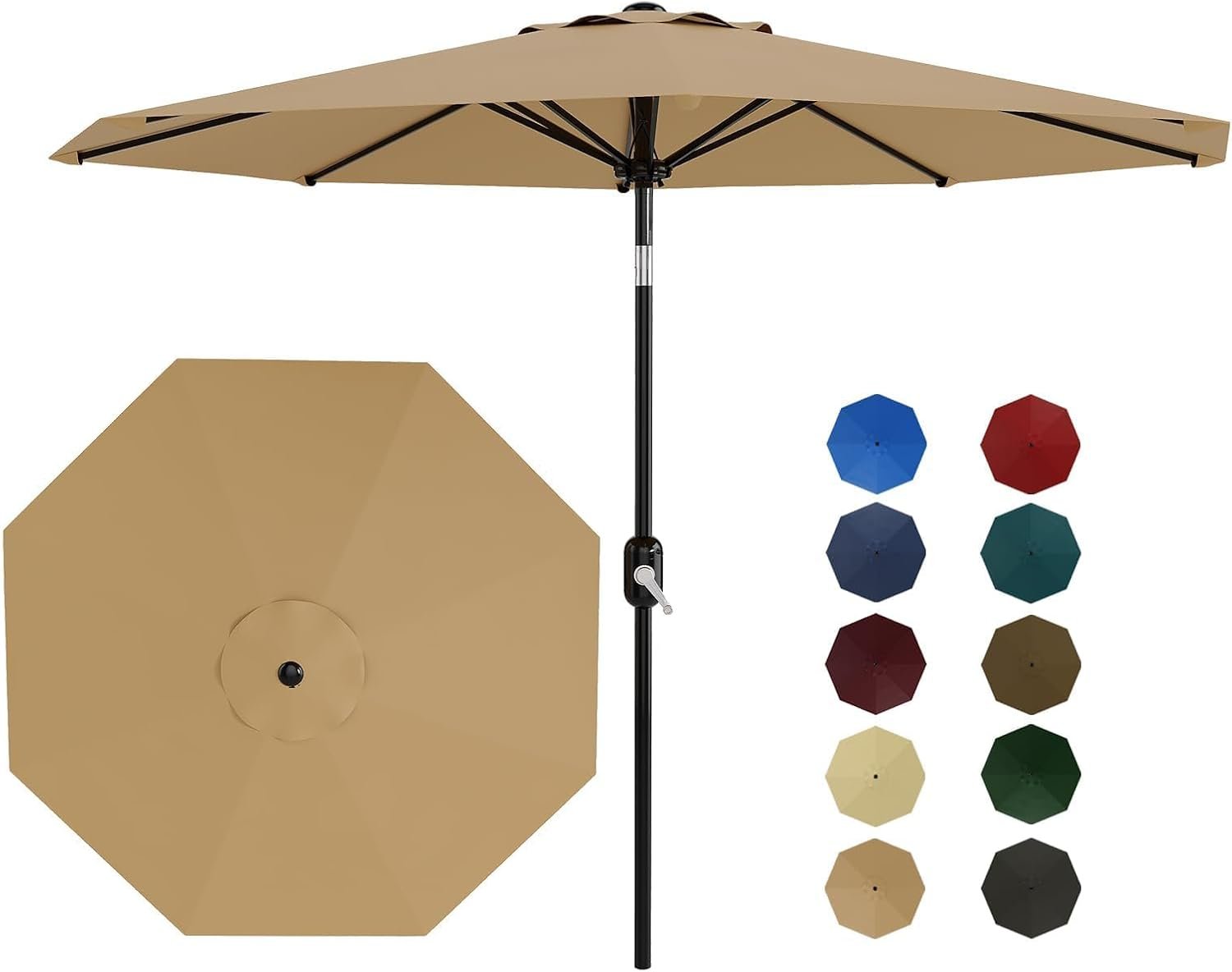 Garvee 9FT Patio Umbrella 8 Sturdy Ribs Outdoor Table Umbrella, Tan | Crank Lift & Push Button Tilt – Market Umbrella for Pool, Deck, Yard, Garden
