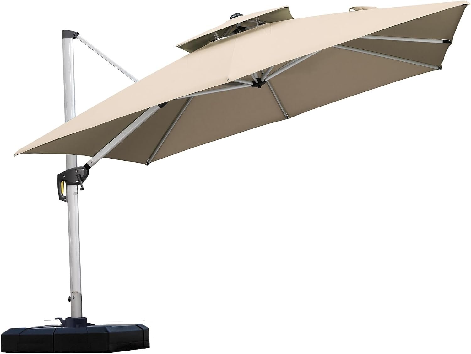 PURPLE LEAF Cantilever Patio Umbrellas 10′ x 10′ Square Double Top, Beige | 35MPH Wind-Resistant Frame, 3-Yr Fade-Resistant 240GSM Canopy, 30-Minute Setup, Easy Operation, For Backyard, Patio & Garden