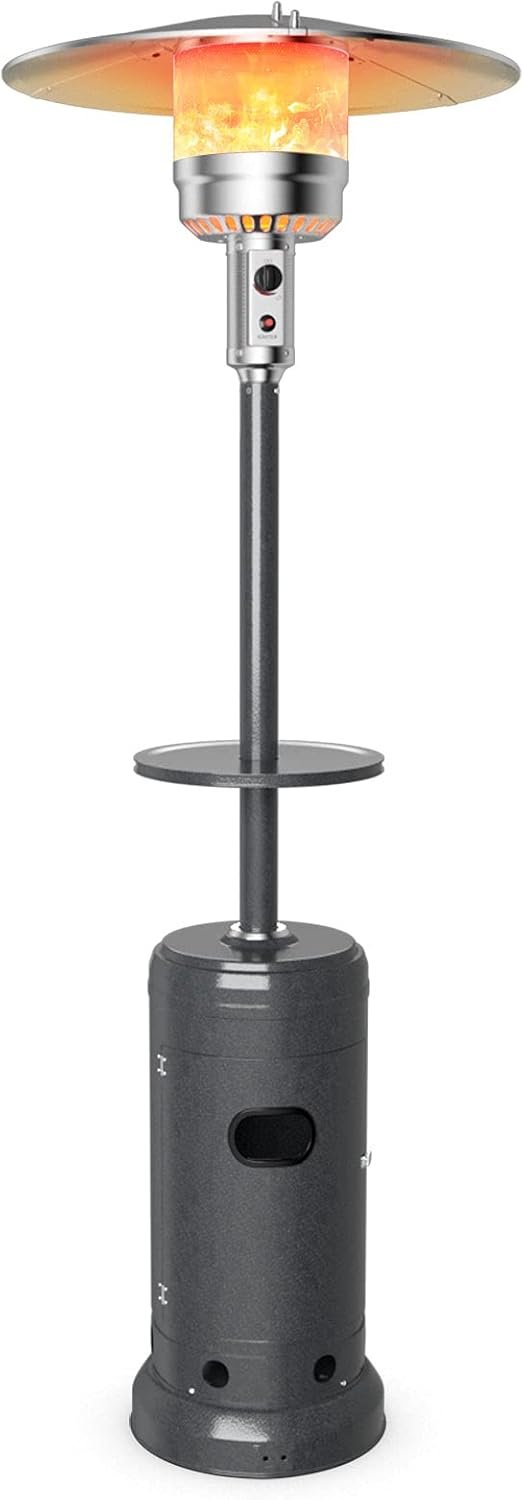 COSTWAY Patio Heater, 50,000 BTU Propane Heater with Drink Shelf Tabletop, Wheels, Simple Ignition System and Base Reservoir, Standing Outdoor Space Heater for Home Residential Commercial (Grey)