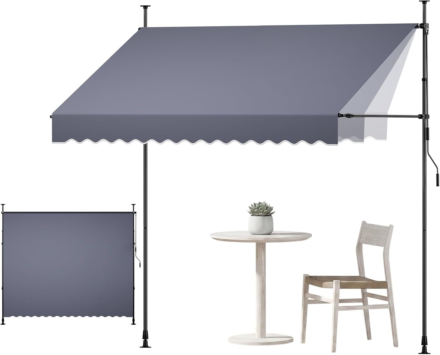 VEVOR Manual Retractable Awning, 118″ x 59″ Outdoor Patio Awnings Sunshade Shelter with 43″-59″ Retractable Side Bar, No Drill Height Adjustable, Crank Handle for Backyard, Balcony, Dark Gray